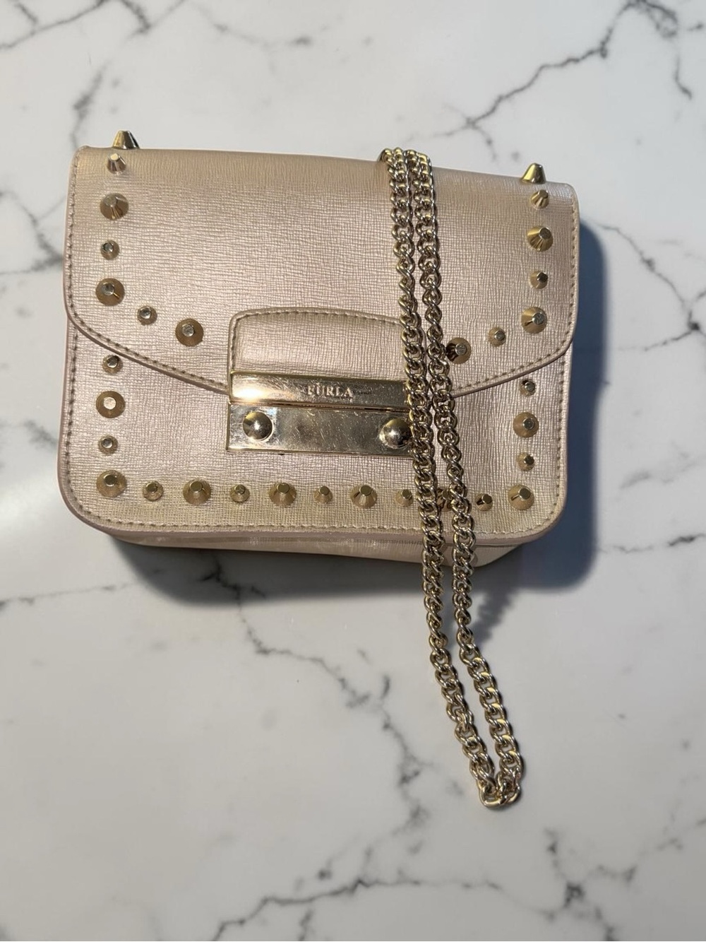 Furla EUC Julia Studded Metropolis Crossbody with Gold Studs & Chain